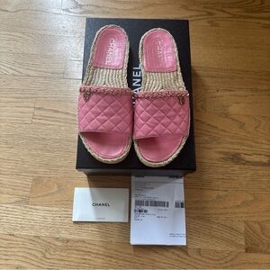 CHANEL Pink Quilted Espadrille Slide Sandals with Gold Chain